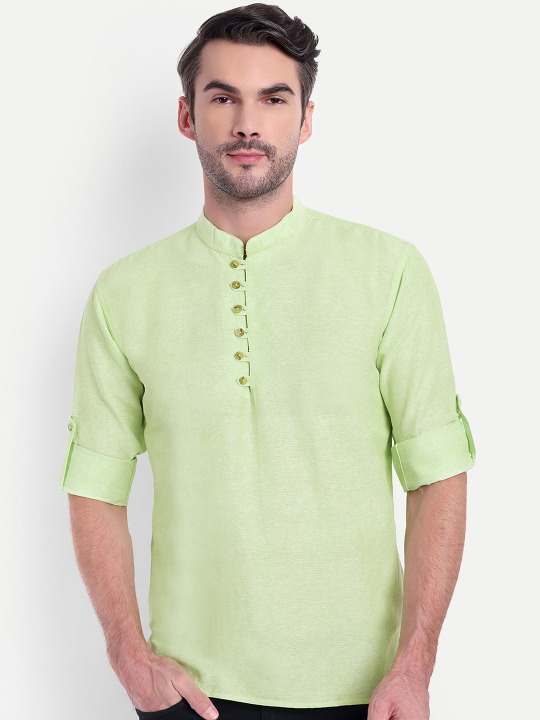 LIFE ROADS Mandarin Collar Roll-Up Sleeves Cotton Straight Short Kurta