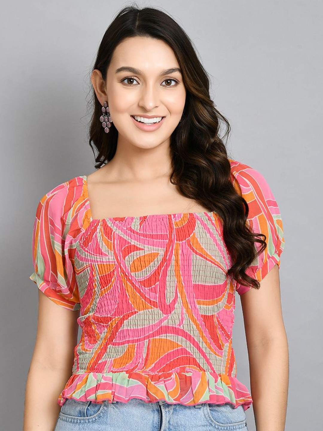 Fuchsia Print Puff Sleeve Chiffon Top