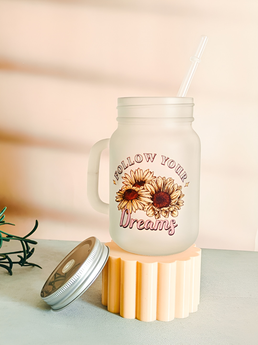 One Posh Home Yellow Typography Glass Microwave Safe Jar with Lid and Straw-500ml