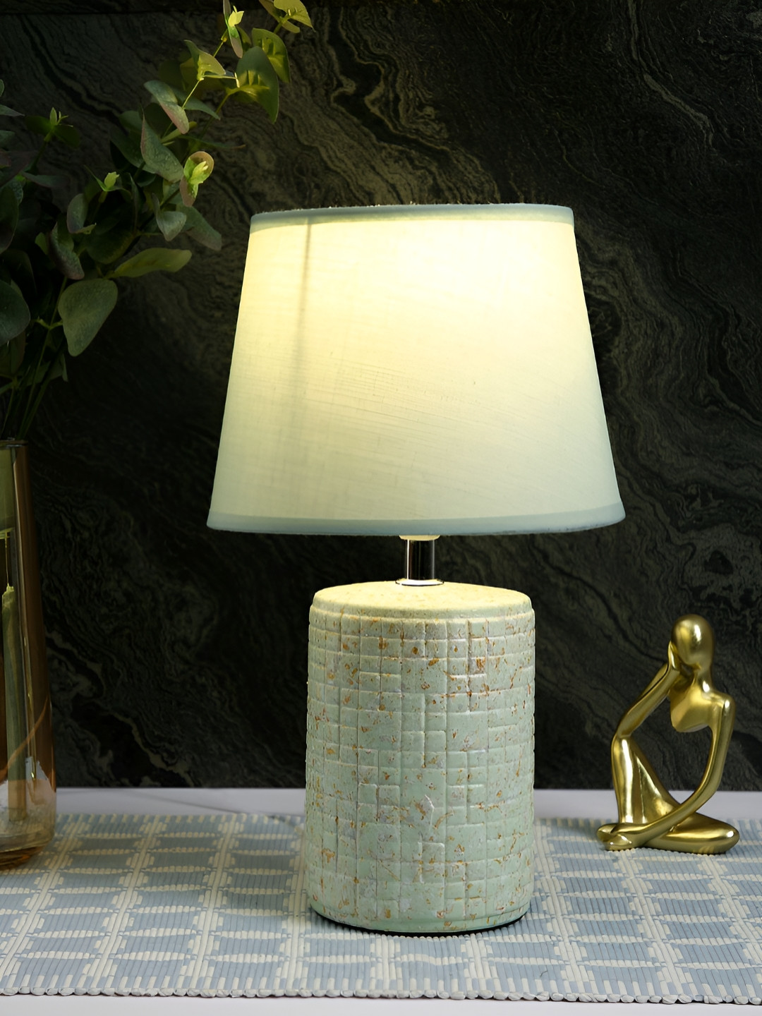TAYHAA Green & Copper-Toned Textured Ceramic Contemporary Frusturical Shaped Table Lamp