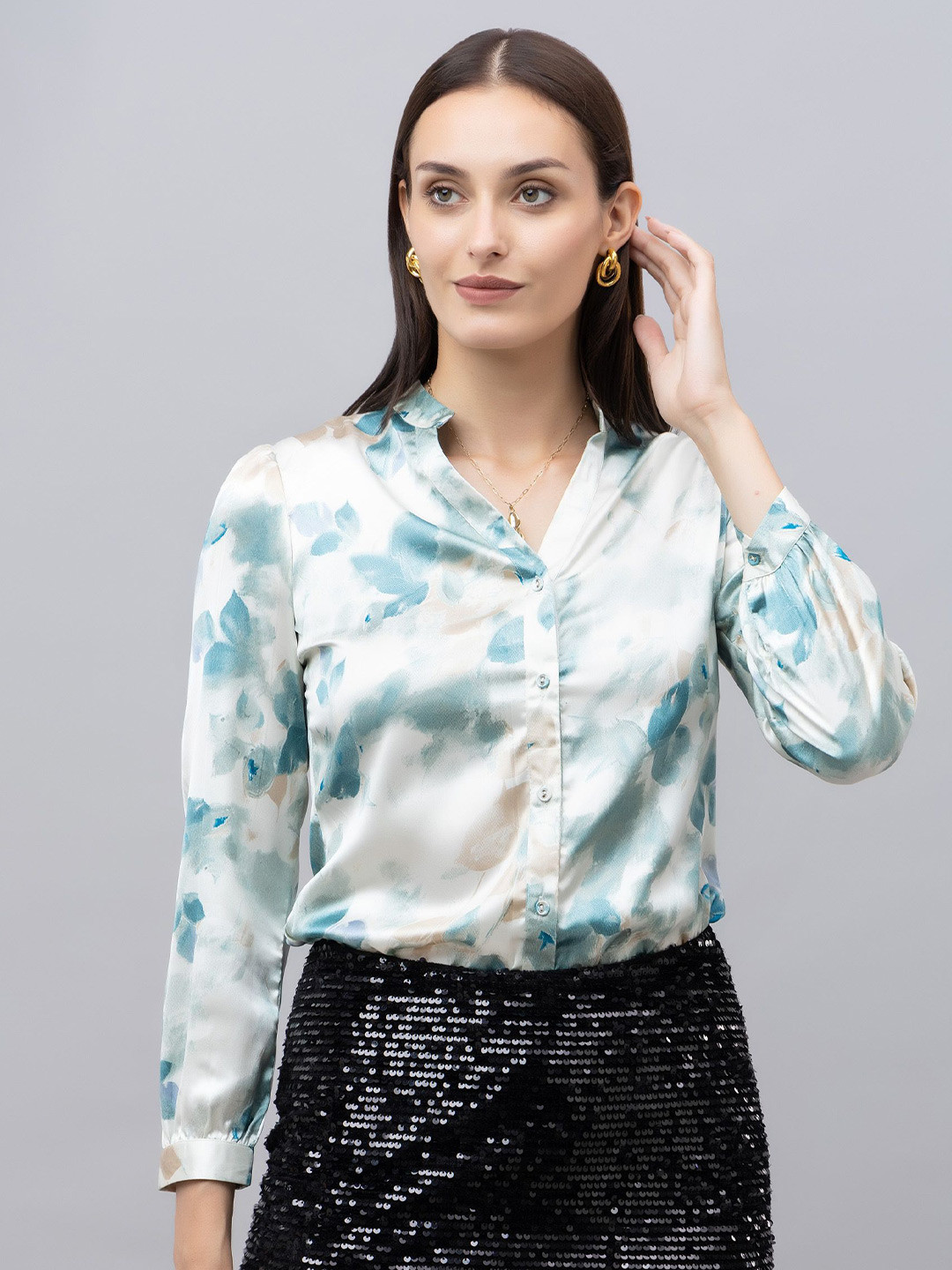 PURYS Women Printed Satin Shirt