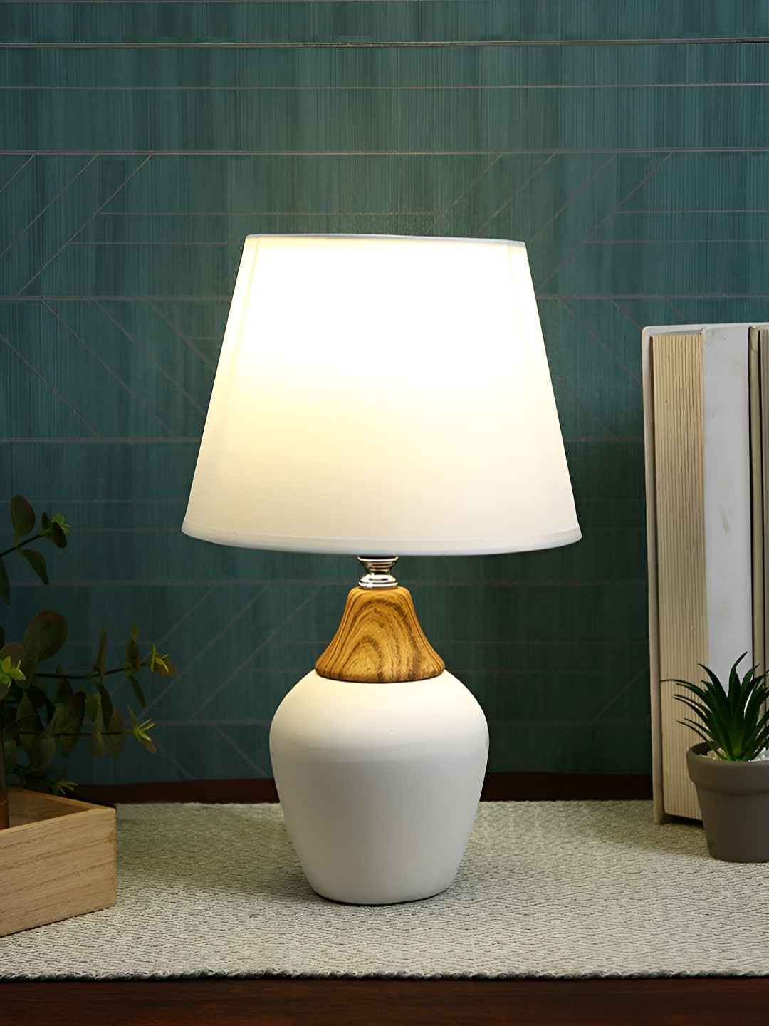 TAYHAA White & Brown Ceramic Contemporary Frustum Shaped Table Lamp