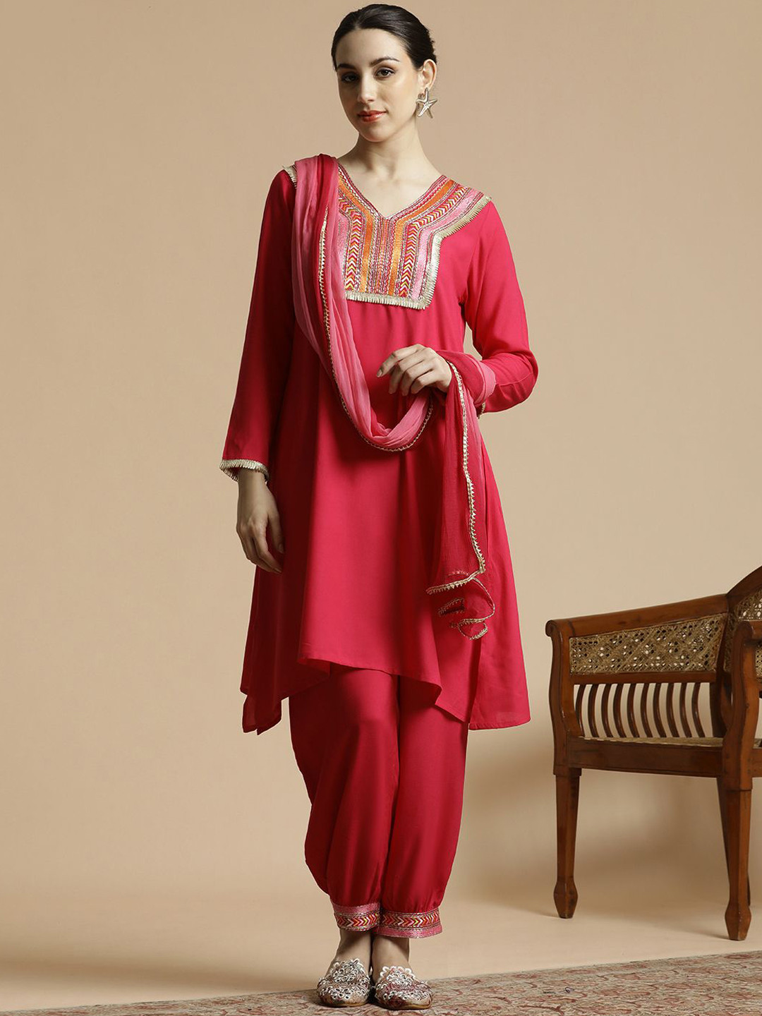 Anouk Pink Embroidered Yoke Design V-Neck High-Low Anarkali Kurta with Trousers & Dupatta
