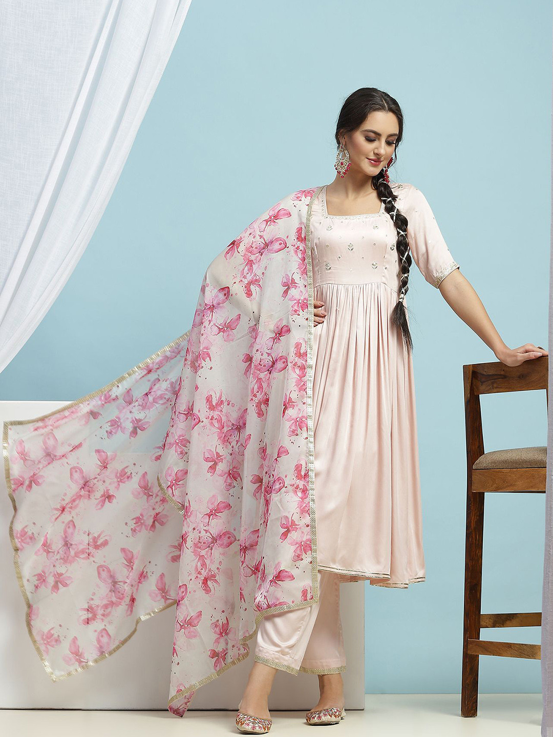 Khushal K Square Neck Pleated Thread Work Anarkali Kurta with Palazzos & Dupatta