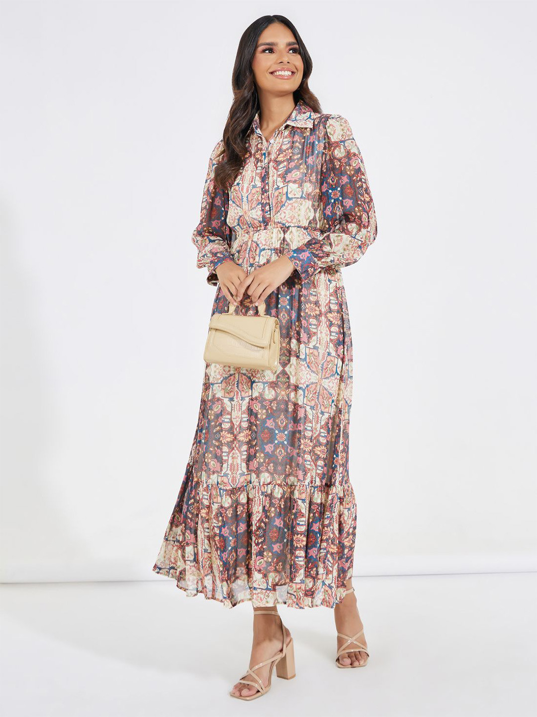 Styli Women Handkercheif Print Volume Sleeve Shirt Maxi Dress