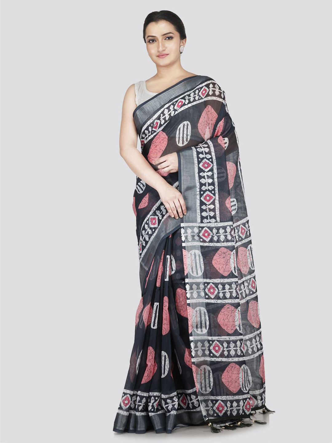 PinkLoom Batik Black Printed Linen Saree