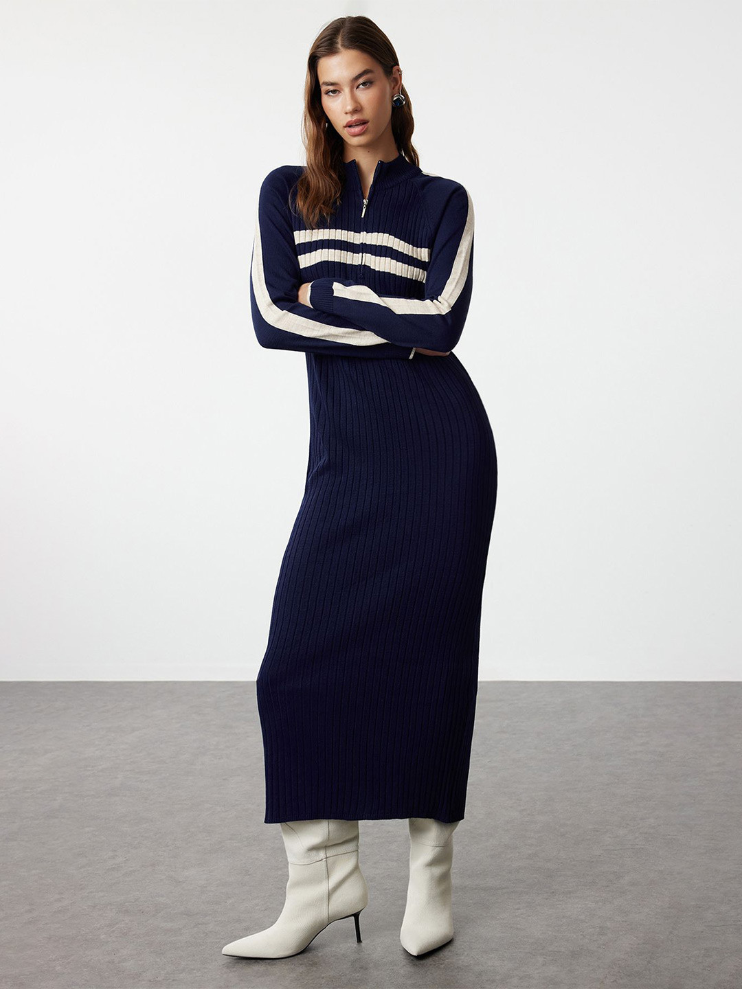 Trendyol Striped A-Line Mandarin Collar Long Sleeves Midi Dress