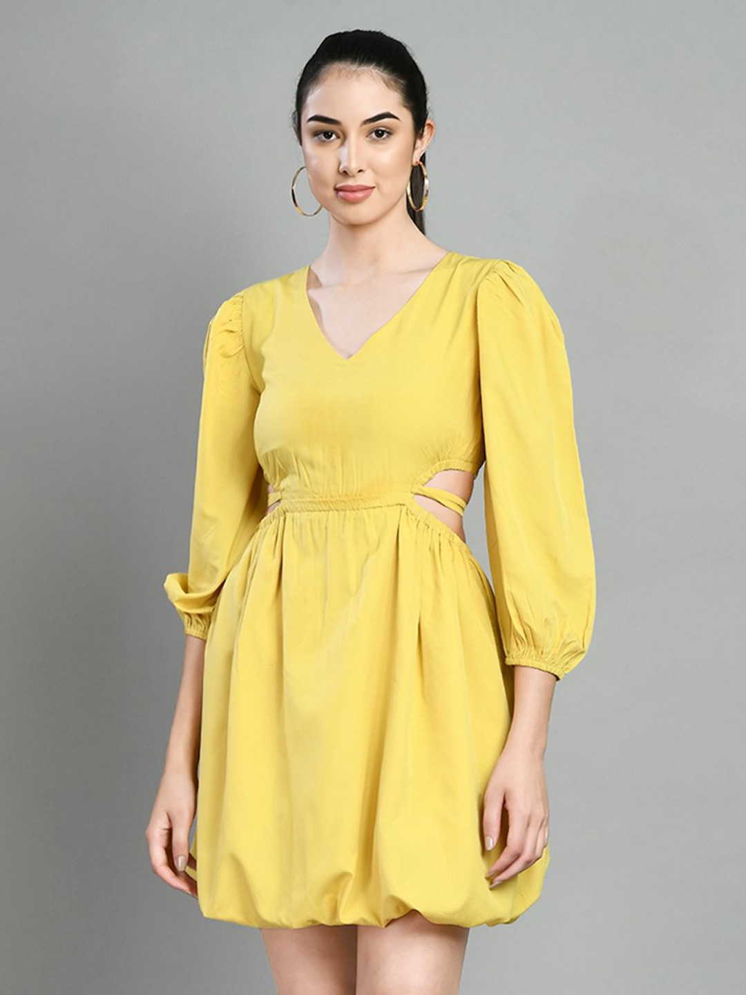 Fuchsia Yellow Puff Sleeve Fit & Flare Dress