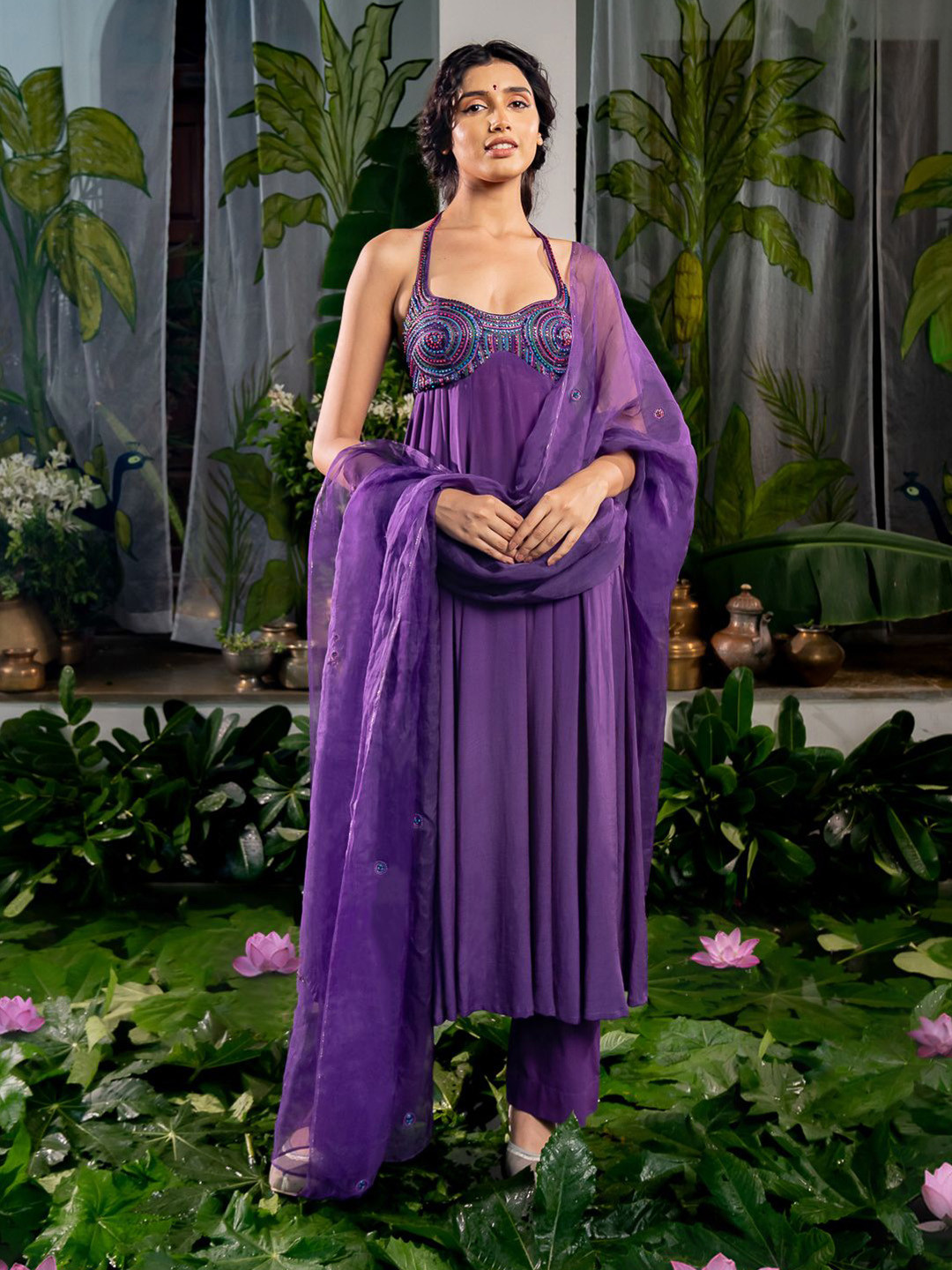 Baise Gaba Athmika Halter Neck Beads & Stones Empire Anarkali Kurta