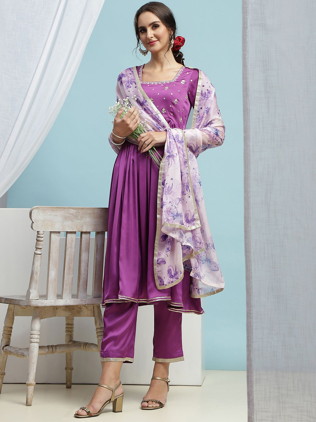 Khushal K Floral Embroidered Sequinned Regular Viscose Rayon Kurta with Palazzos & Dupatta