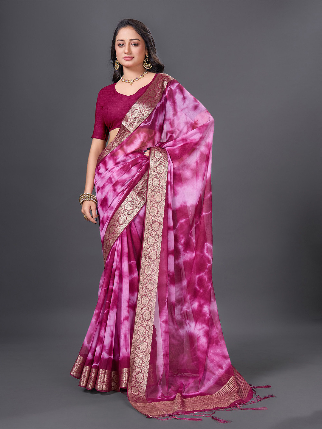 HEER FASHION Tie and Dye Zari Pure Chiffon Saree