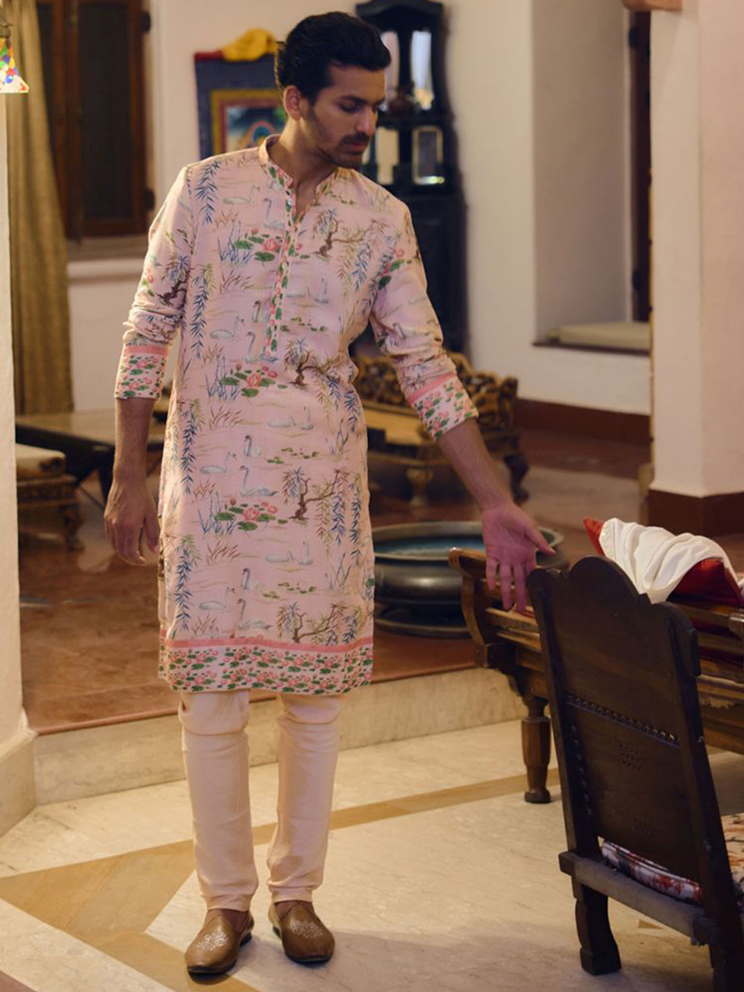 Ankit V Kapoor Floral Printed Mandarin Collar Straight Kurta with Churidar