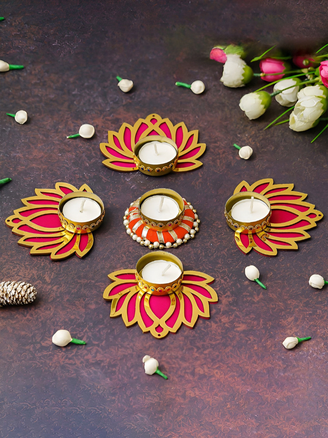 eCraftIndia Gold-Toned & Pink 5 Pieces Lotus Flower Candle Holders
