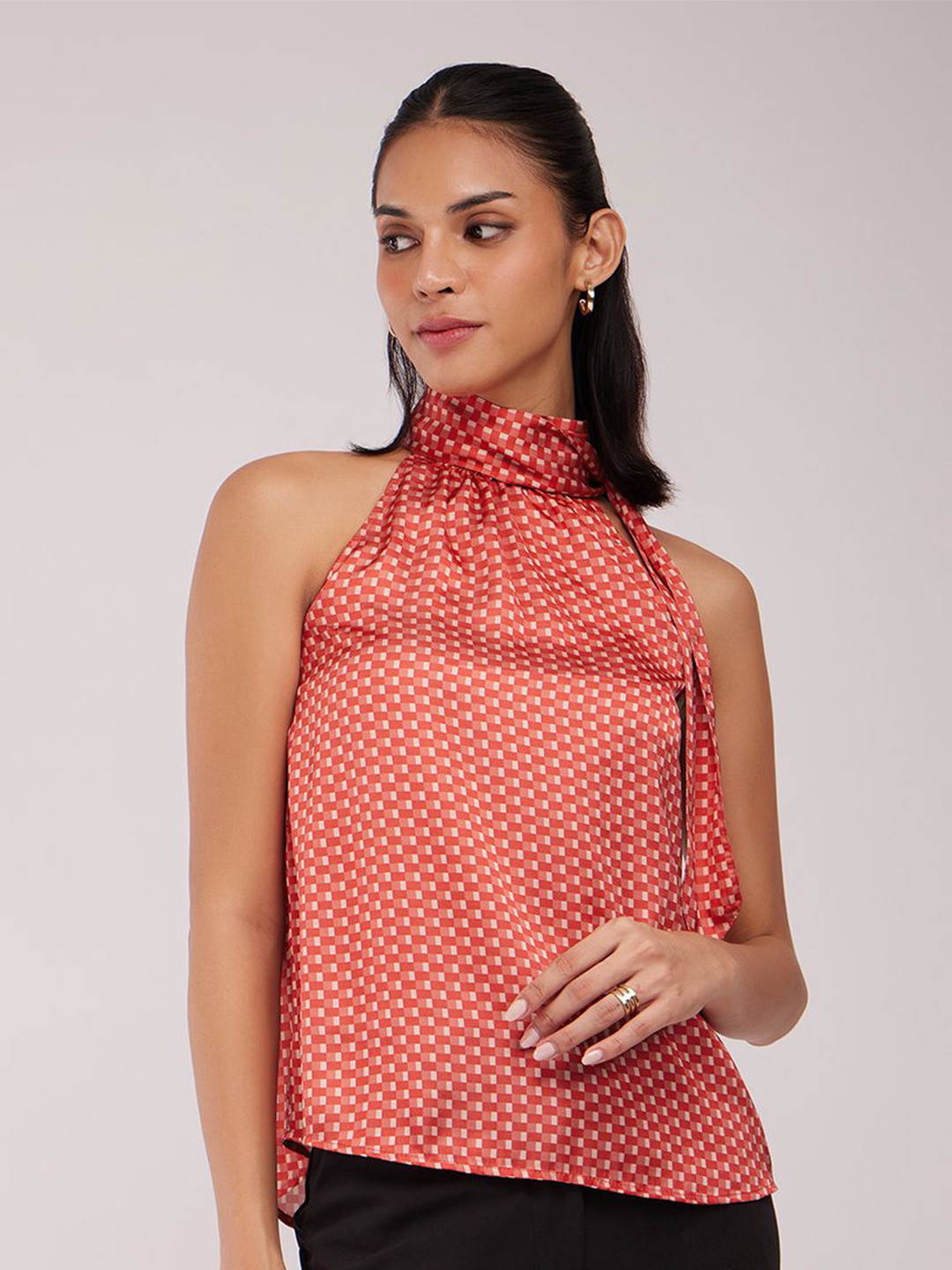 FableStreet Women Geometric Printed Halter Neck Orange Top