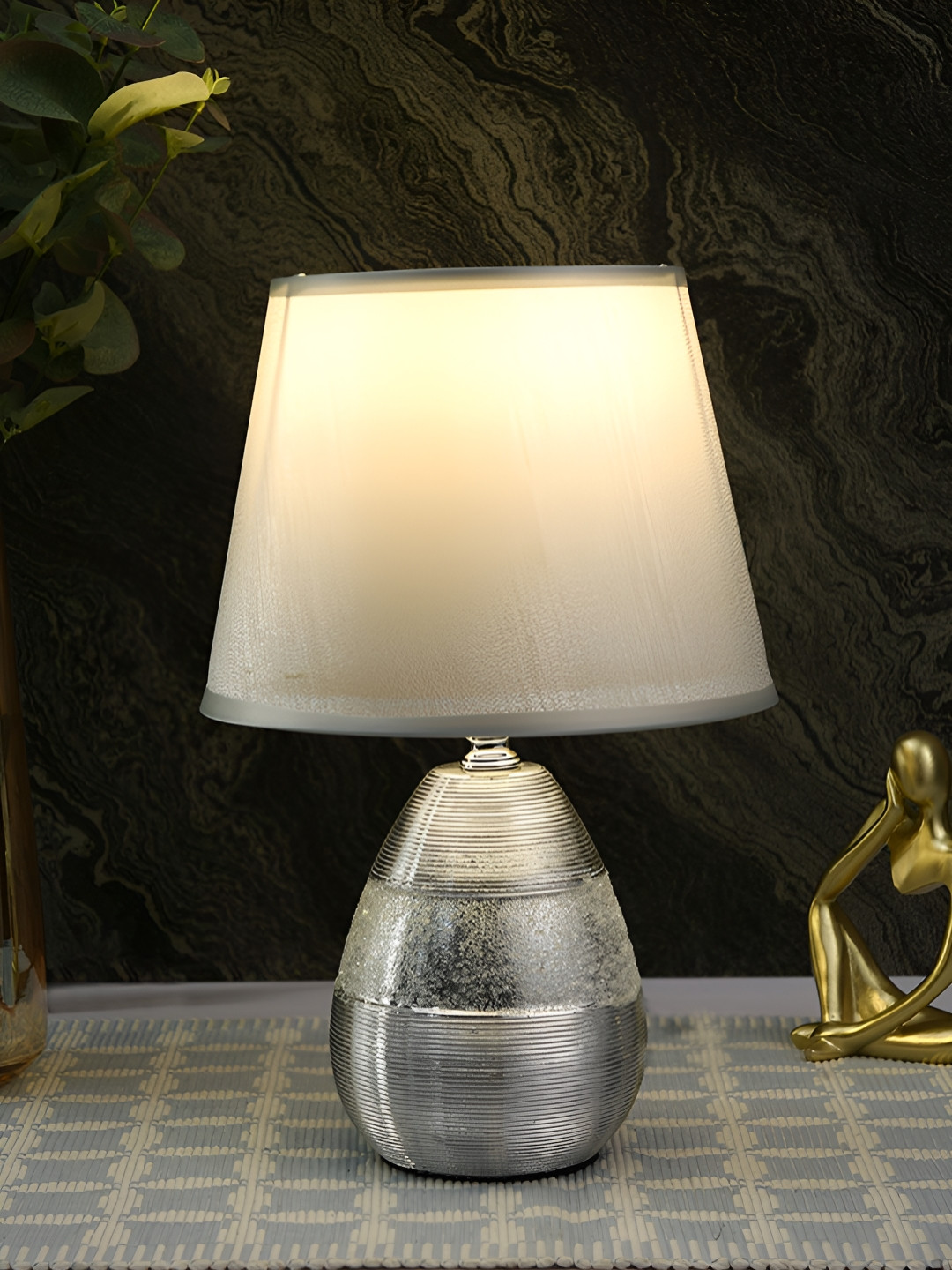TAYHAA Silver-Toned Textured Ceramic Contemporary Frusturical Shaped Table Lamp