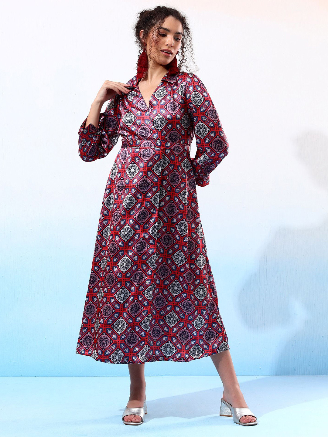 Justin Whyte Ethnic Motifs Printed Satin Wrap Midi Dress