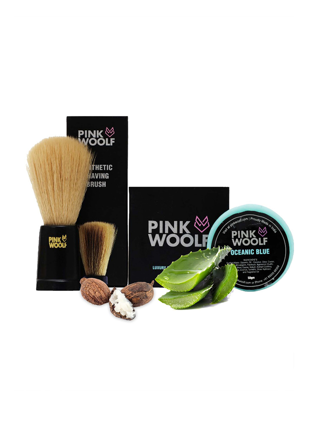 PINK WOOLF Soft Shaving Brush With Oceanic Blue Soap-50g