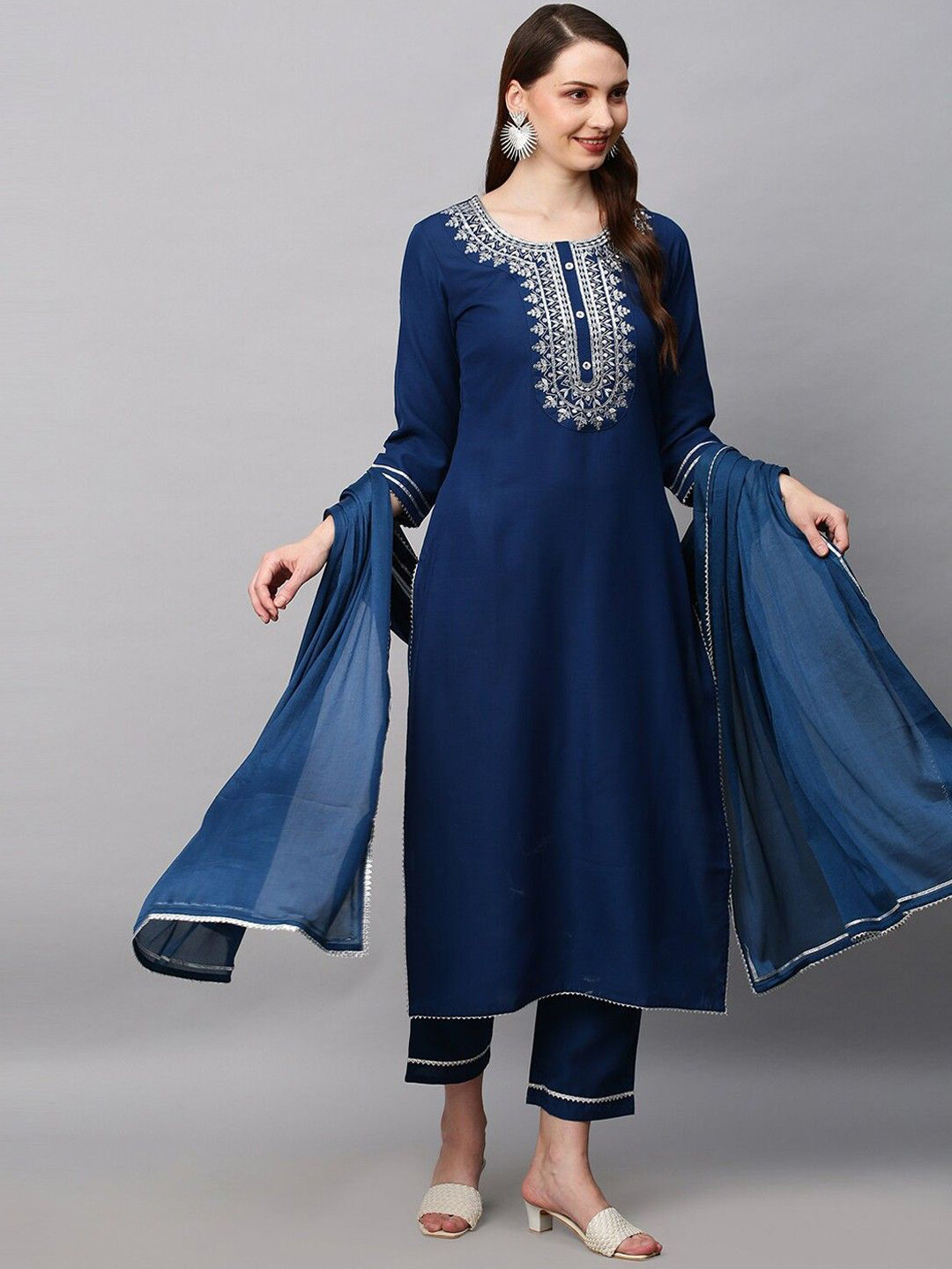 Anni Designer Embroidered Yoke Design Round Neck Straight Kurta with Trousers & Dupatta