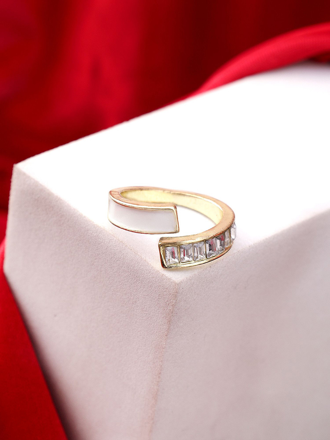 KACY Gold Plated Baguette Stones Studded Adjustable Finger Ring