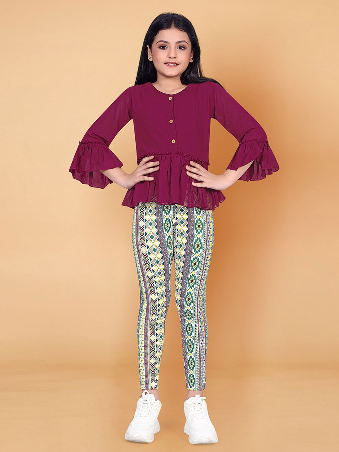 BAESD Girls Round Neck Three-Quarter Sleeves Poly Georgette Top with Leggings