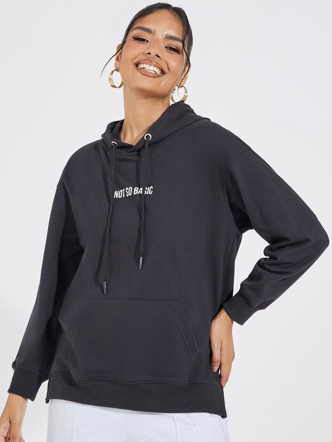 Styli Women Typography Printed Oversized Fit Long Line Casual Pullover Hoodie With Side Slit- Hoodie