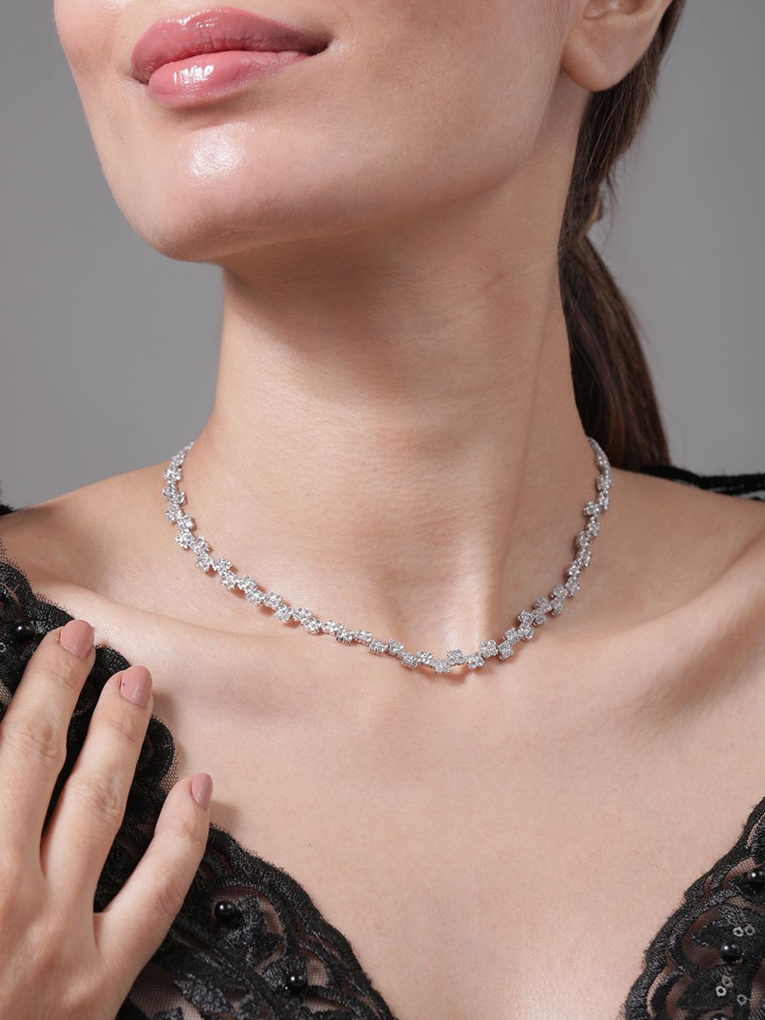 Rubans Rhodium Plated AD & Cubic Zirconia Studded Cross Link Tennis Necklace