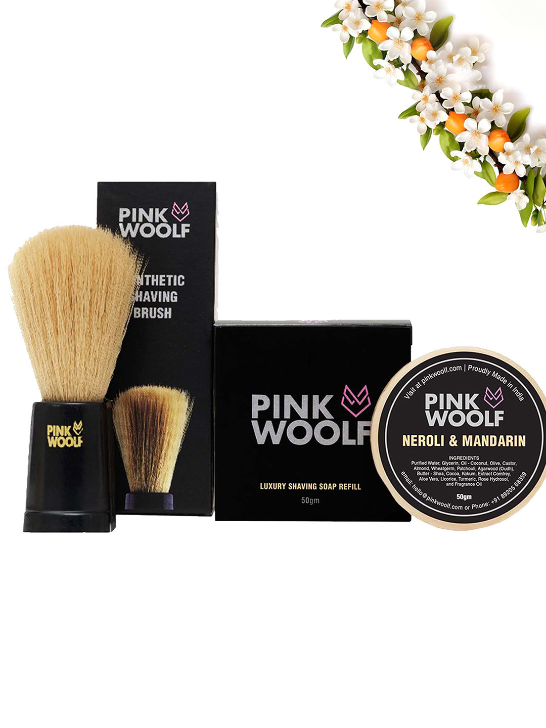 PINK WOOLF Shaving Brush With Neroli & Mandarin Soap Refill - 50g