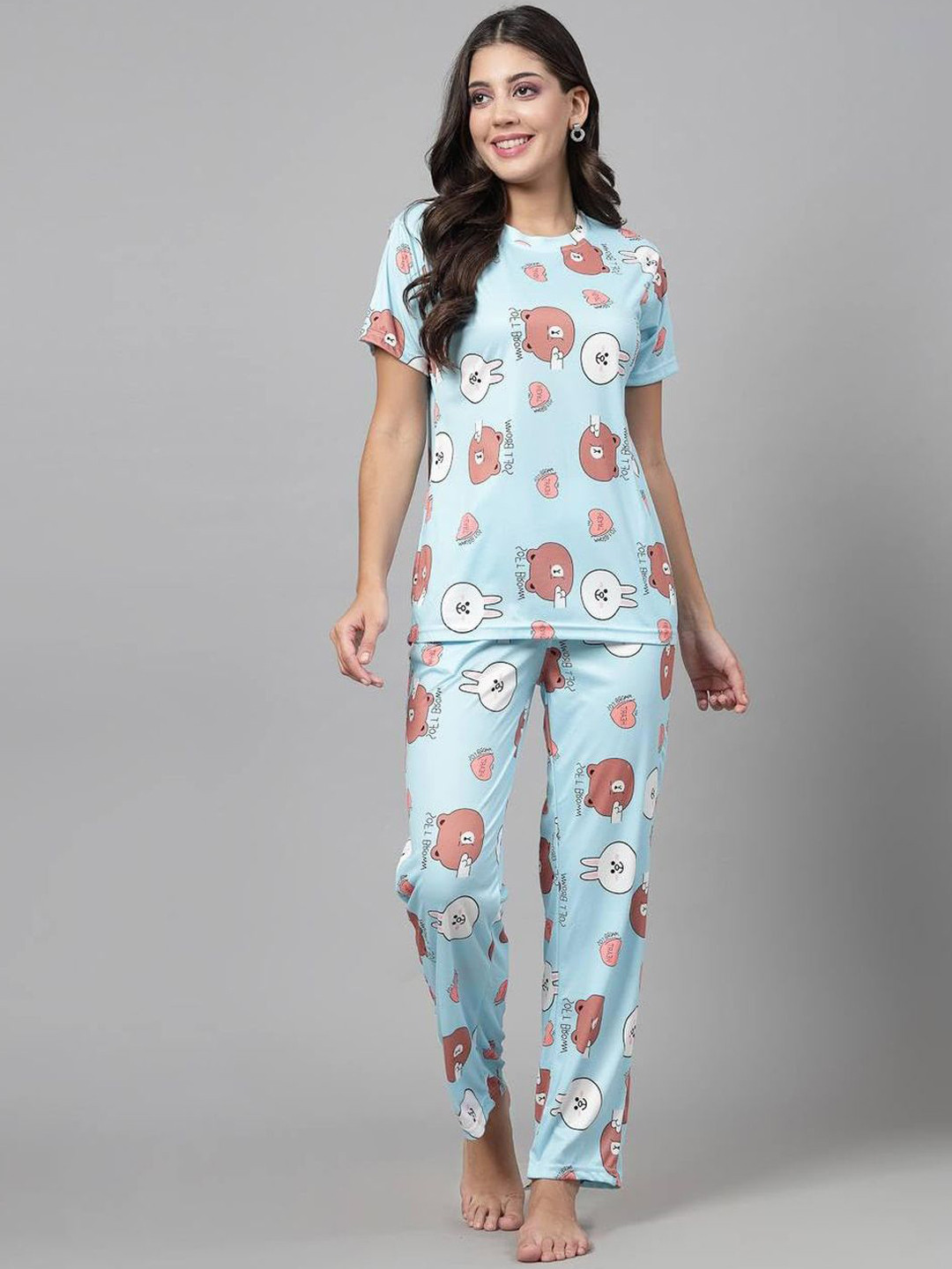 styledose Women Short Sleeve Satin Printed Casual Night Suit