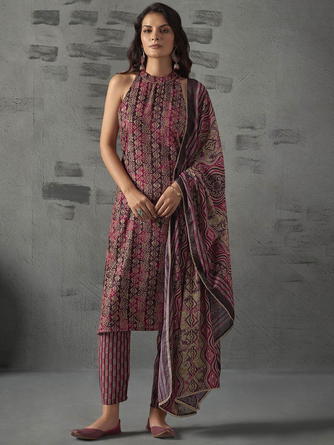 Anouk Magenta Floral Printed Halter Neck Straight Kurta with Trousers & Dupatta