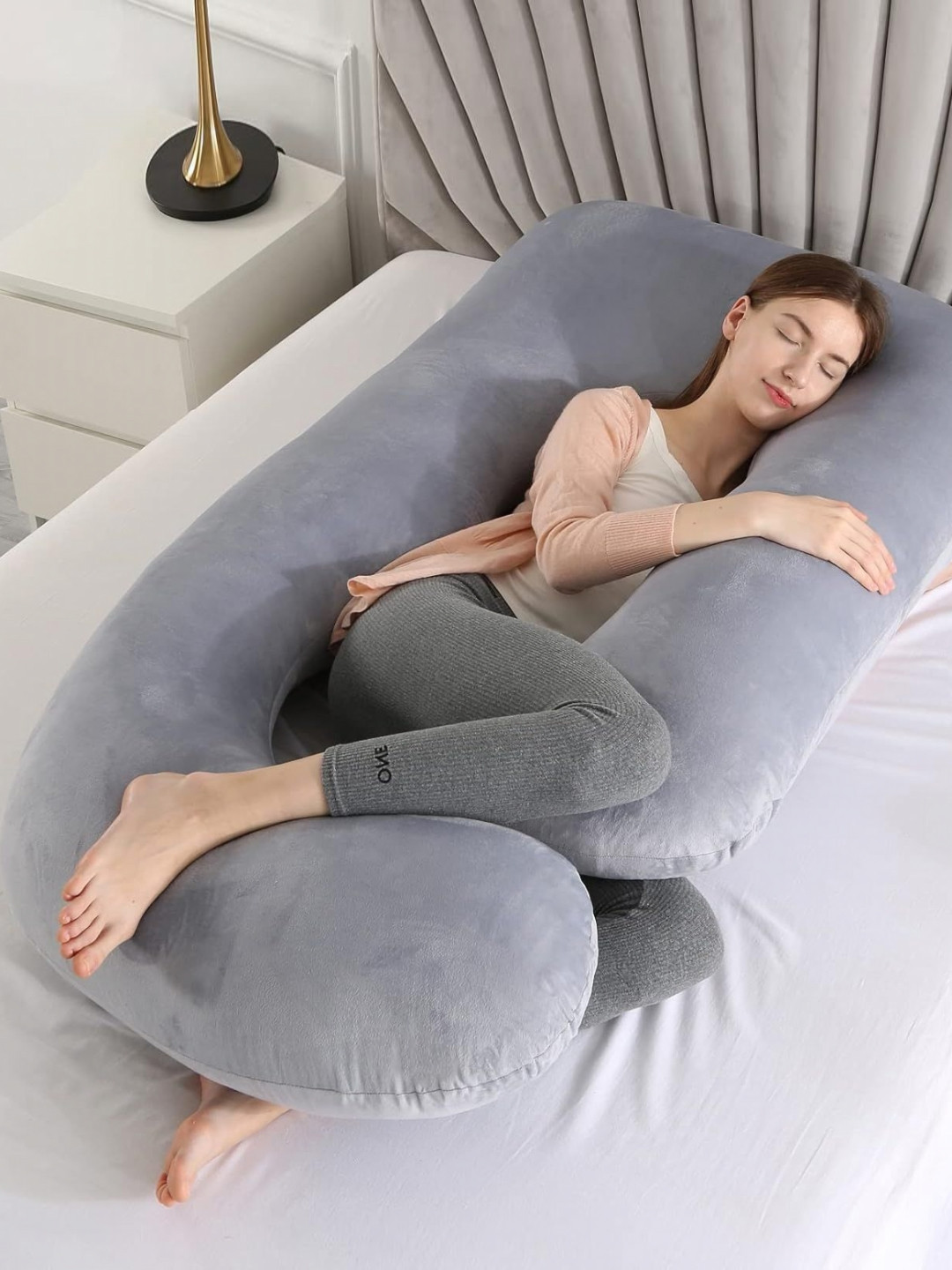 Pum Pum Hollow Fiber Grey Solid Faux Velvet Ultra Soft Fibre Maternity Pillow-1.39 m x 76.2 cm