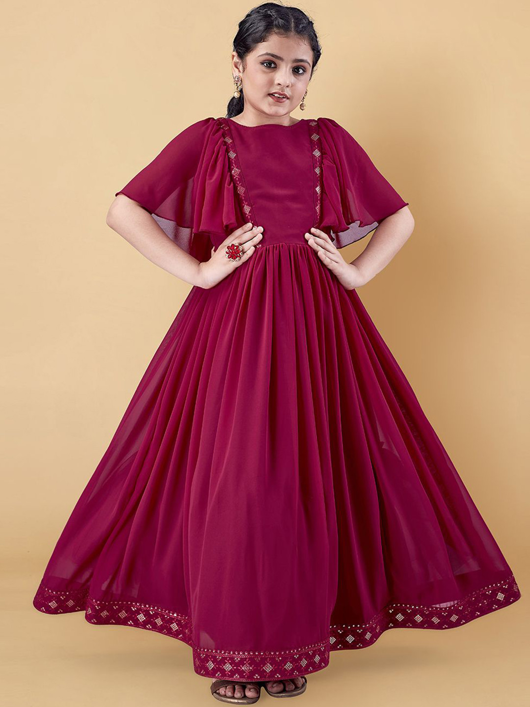BAESD Girls Cape Slevees Boat Neck Anarkali Fit and Flare Maxi Ethnic Dress