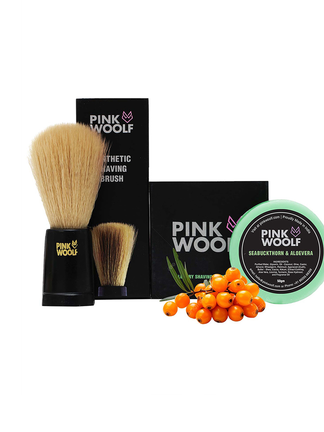PINK WOOLF Synthetic Soft Shaving Brush With Sea Buckthorn & Aloevera Shaving Soap-50g