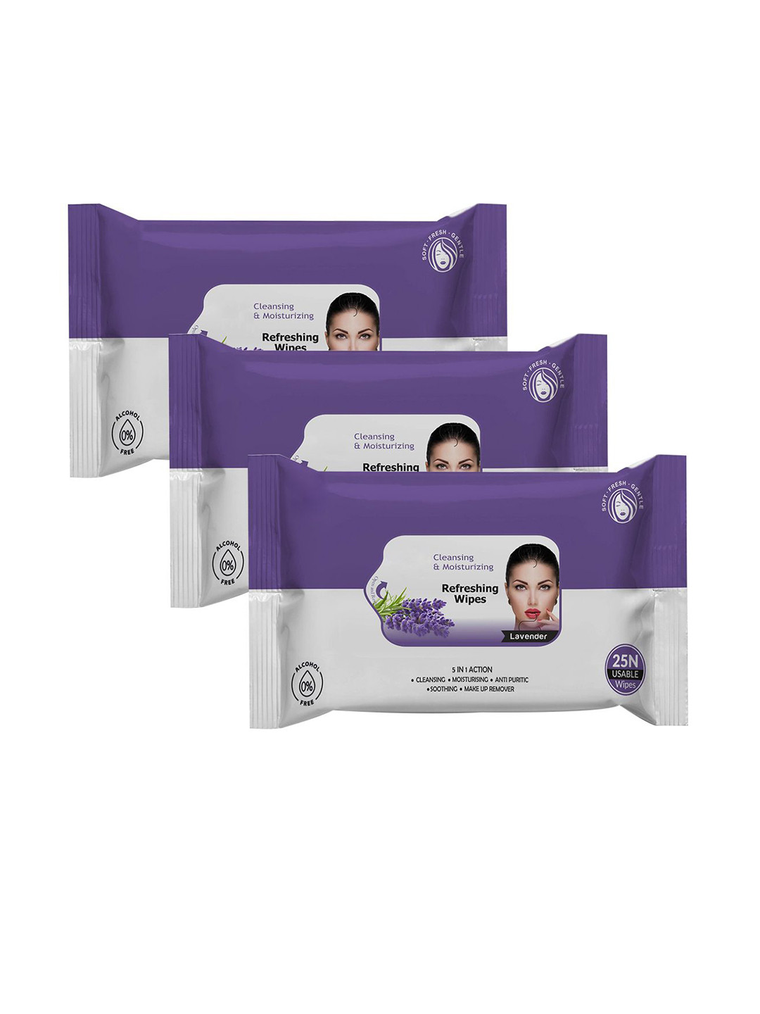 Adbeni Set Of 3 Lavender Cleansing & Moisturizing Refreshing Facial Wipes - 25 Wipes Each
