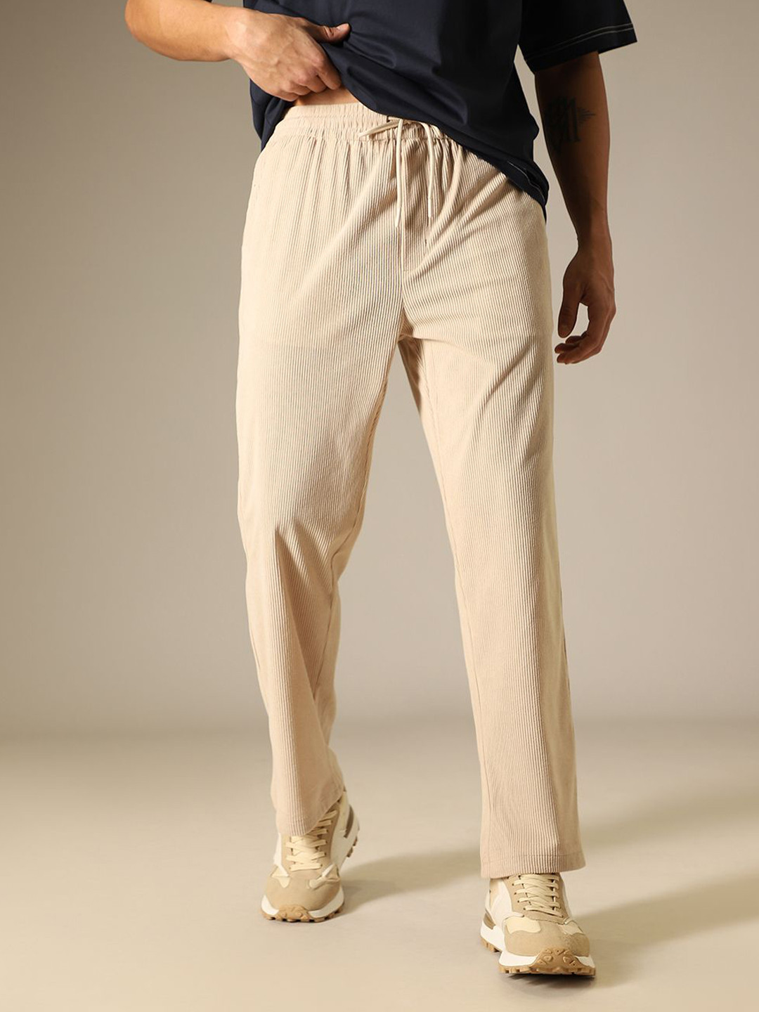 Banana Club Men Cream Relaxed Corduroy Cotton Trousers