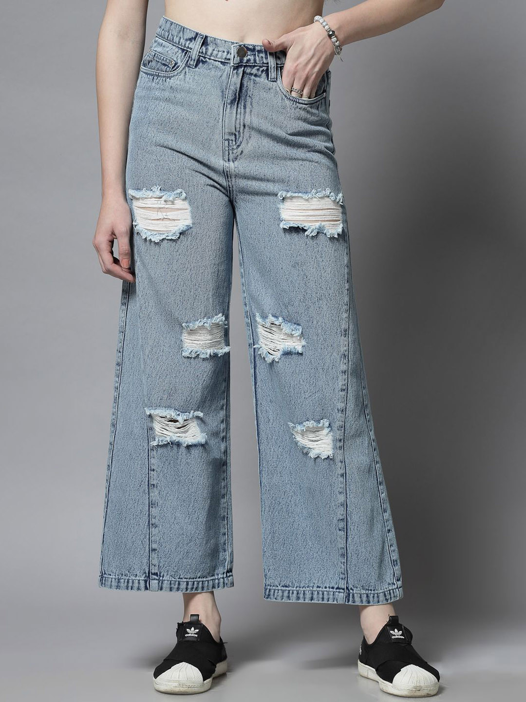 COSMIC TRIO Women Urban Wide Leg High-Rise Highly Distressed Jeans