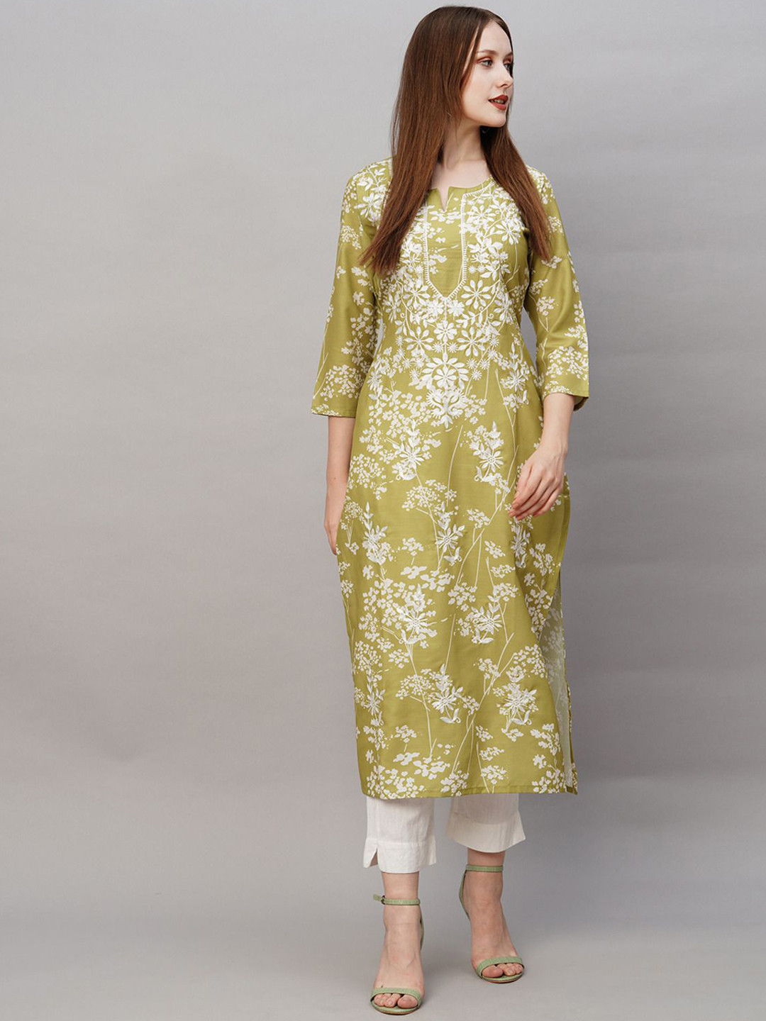 Anni Designer Floral Embroidered Chikankari Straight Kurta