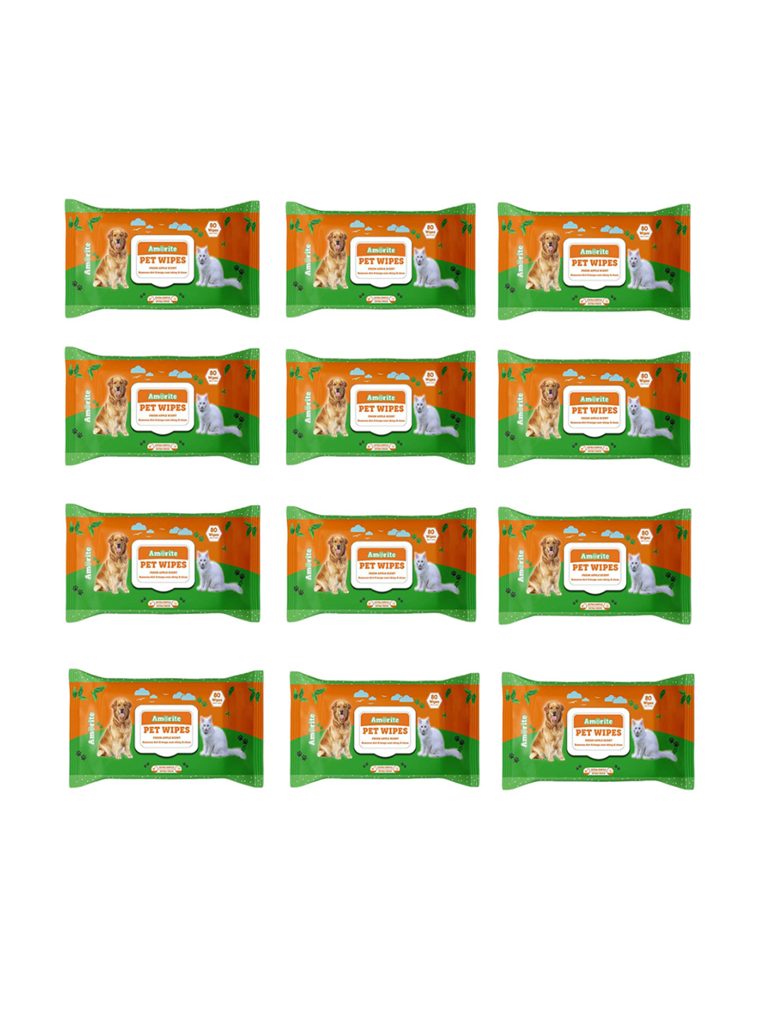 AMORITE Set of 12 Anti-Bacterial Wet Wipes With Fresh Apple Scent For Dogs, Cats and Pets (960 Wipes)
