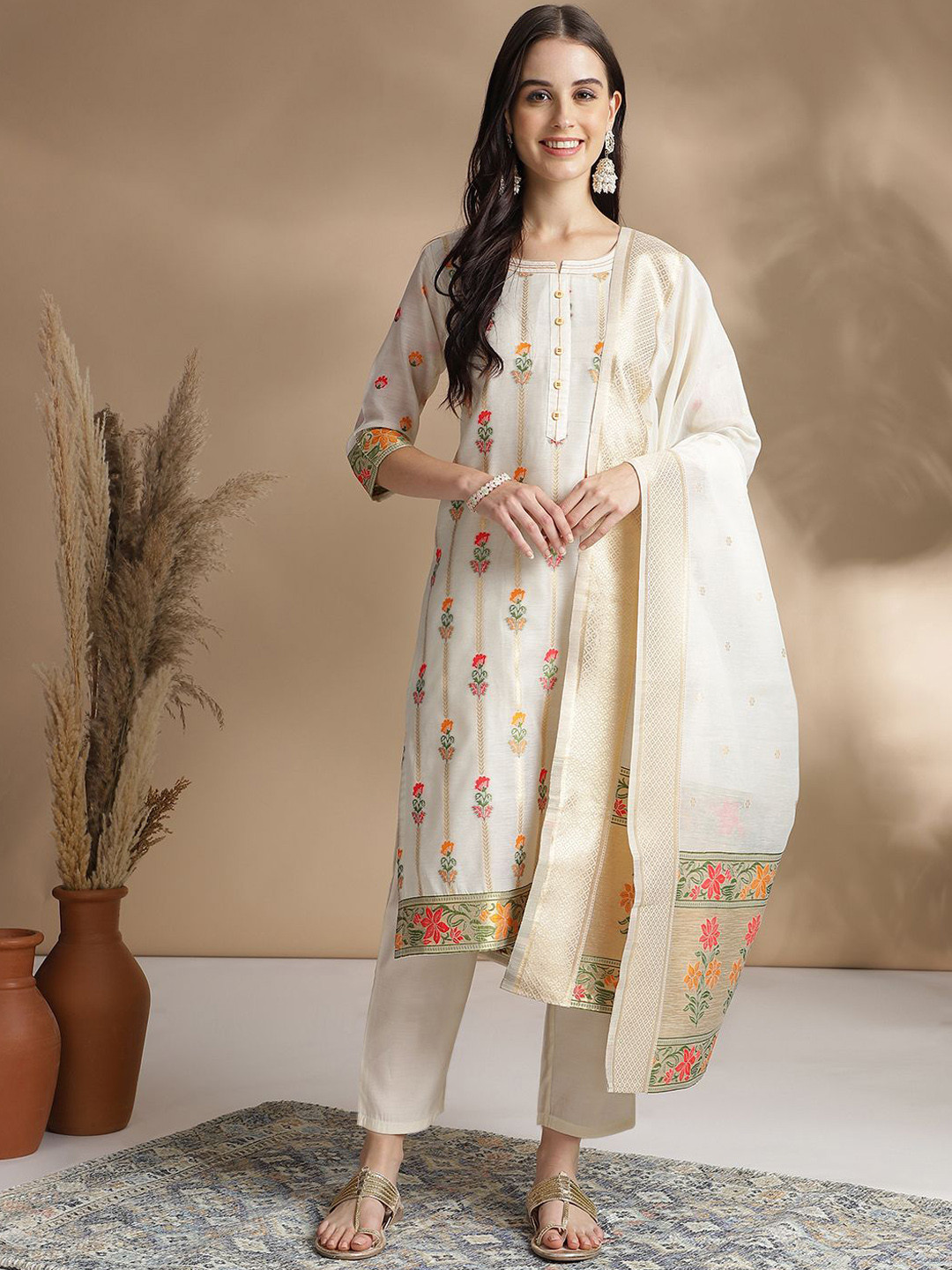 KAVINDI Kantha Work Chanderi Silk Straight Kurta with Trousers & With Dupatta