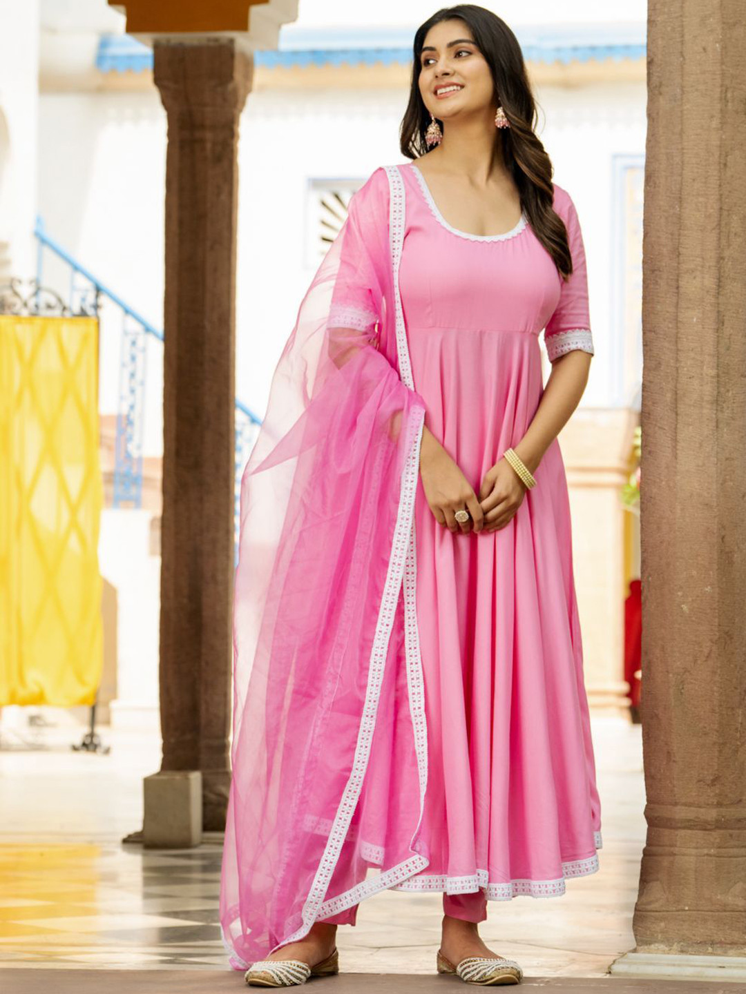 Anni Designer Round Neck Anarkali Kurta With Trouser And Dupatta