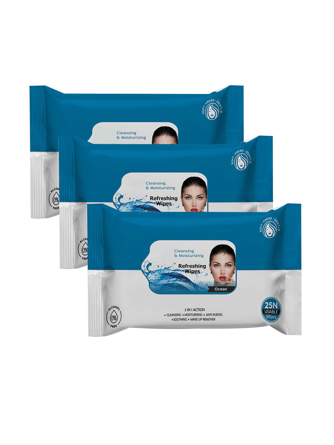 Adbeni Set Of 3 Ocean Cleansing & Moisturizing Refreshing Facial Wipes - 25 Wipes Each