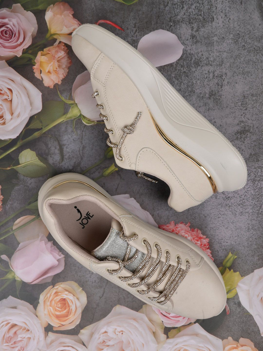 Jove Women PU Embellished Lace Sneakers