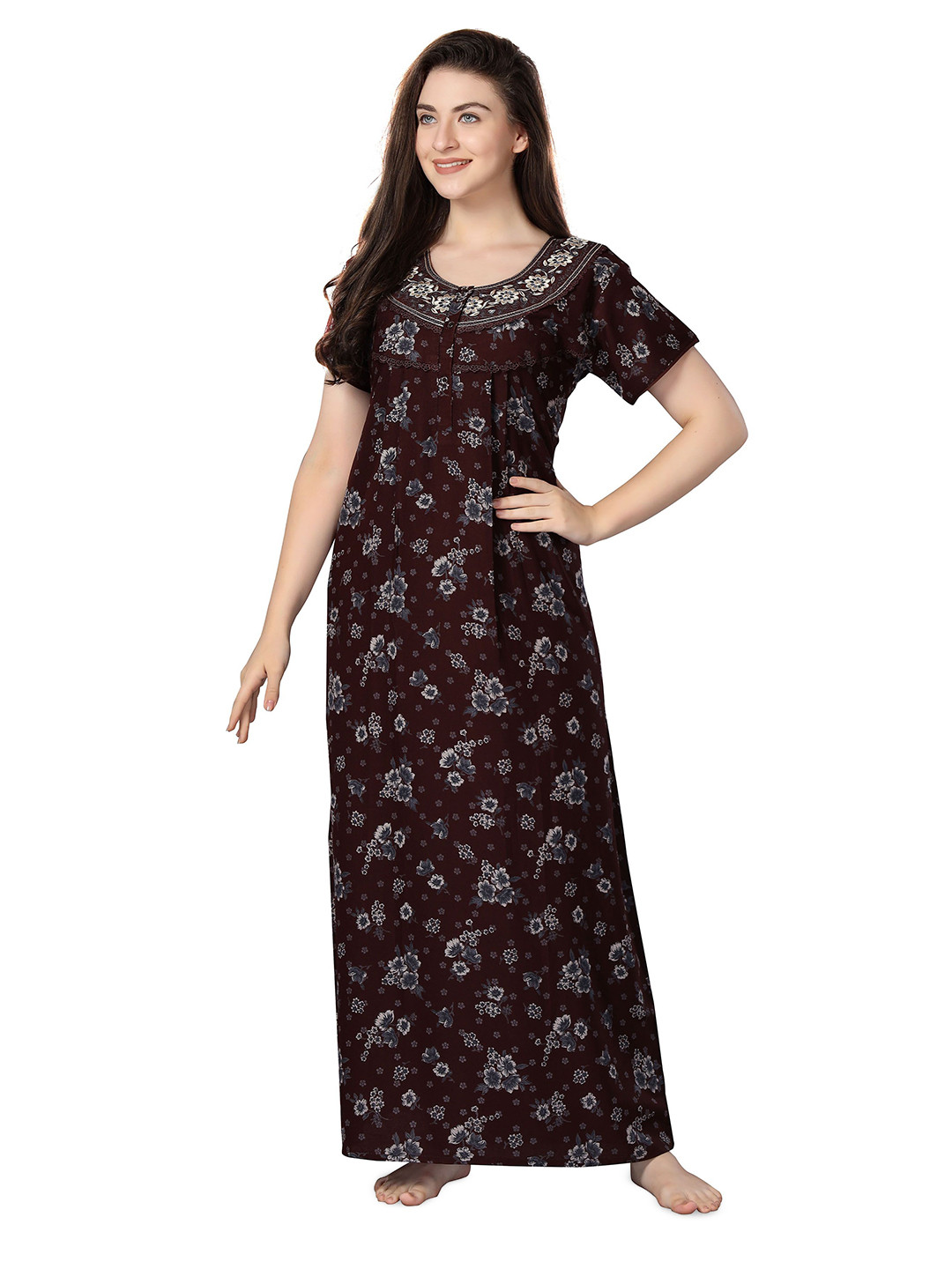Soulemo Floral Printed Embroidered Maxi Nightdress