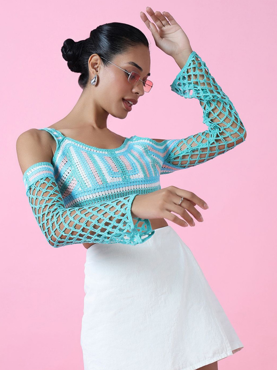SHOWOFF Cold-Shoulder Crochet Blouson Crop Top