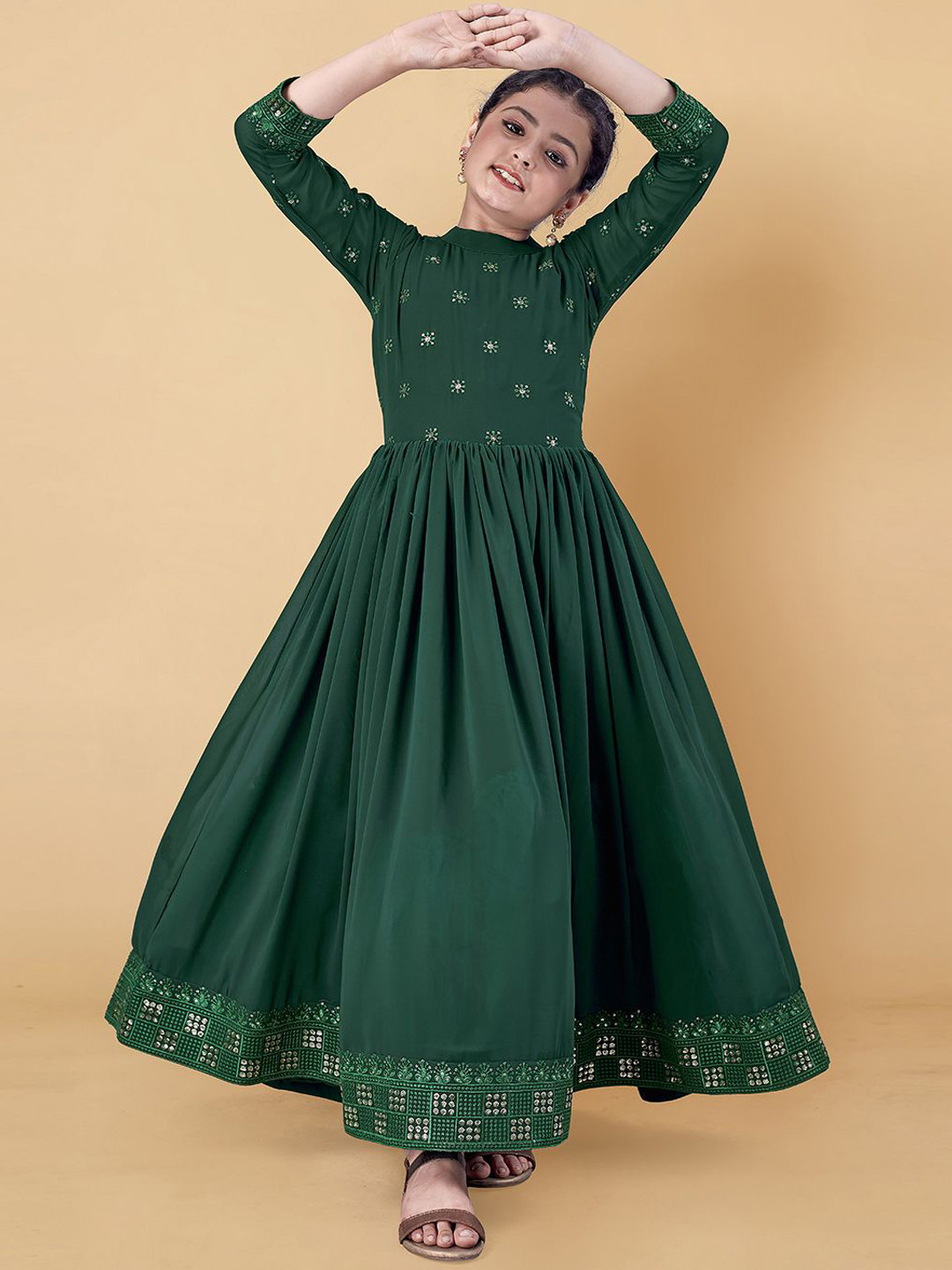 BAESD Girls Embroidered Mock Neck Three-Quarter Sleeves Anarkali Maxi Ethnic Dress