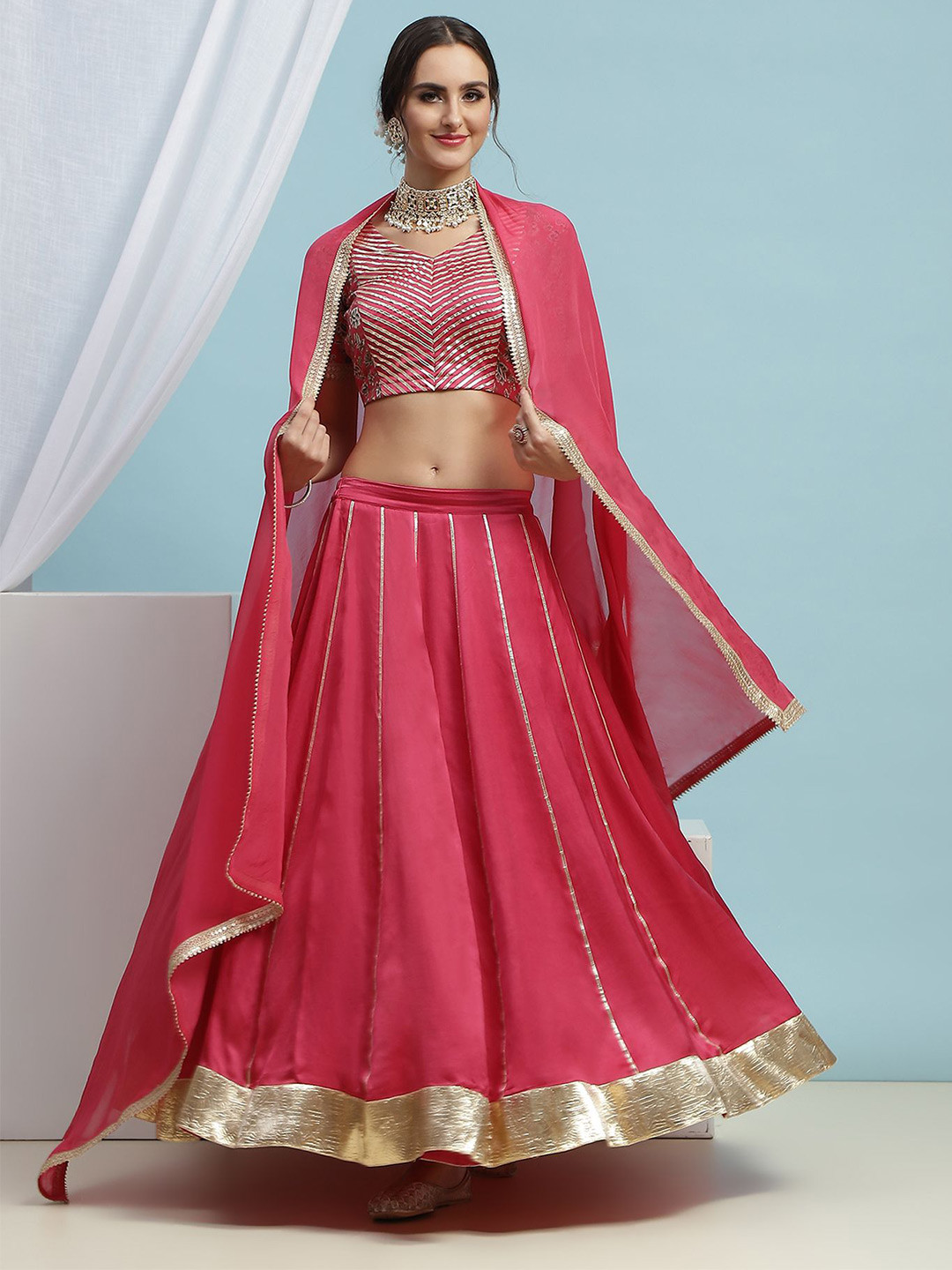 Khushal K Embroidered V-Neck Ready to Wear Lehenga & Blouse With Dupatta