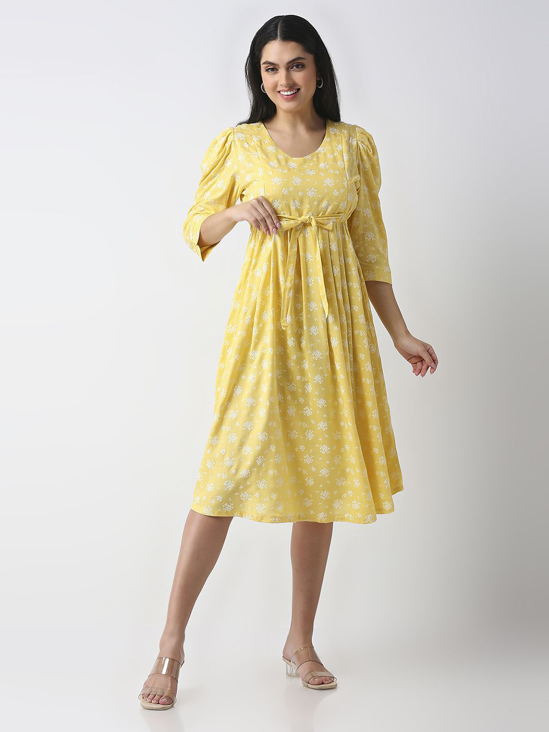 MeeMee Ethnic Motifs Printed Tie-Ups Detail Maternity Fit & Flare Dress
