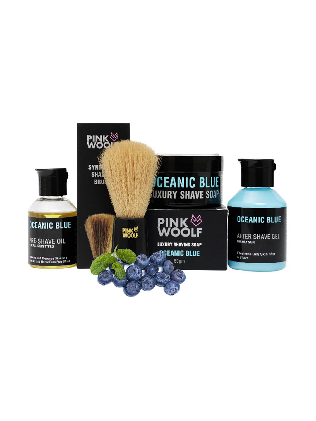 PINK WOOLF Set Of 4 Oceanic Blue Pre Shave Oil & After Shave Gel with Shaving Soap & Brush