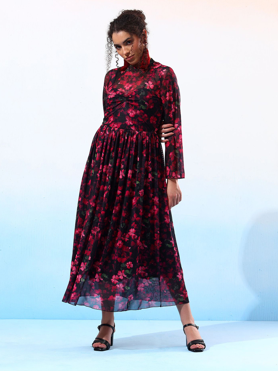 Justin Whyte Floral Print Net Fit & Flare Maxi Dress 24AWDRSEMAMI2135-Black