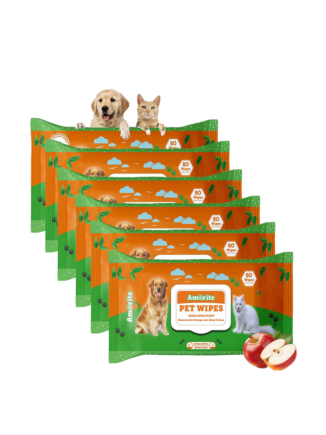 AMORITE Set of 6 Eco-Friendly Pet Wipes 100% Biodegradable fabric Wet Wipes For Dog and Cat (480 Wipes)