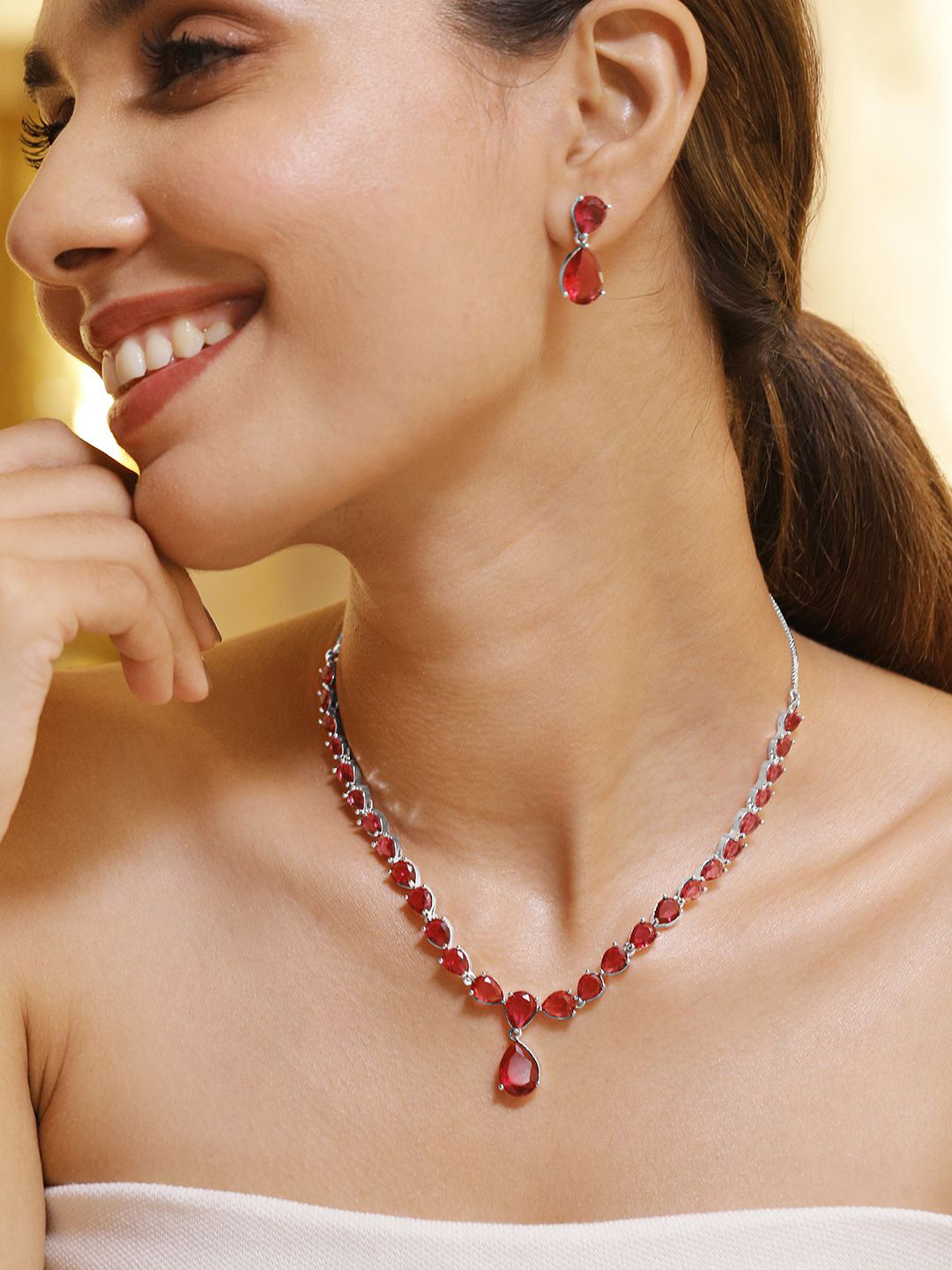Rubans Premium Rhodium Plated Ruby Red Studded Statement Jewellery Set
